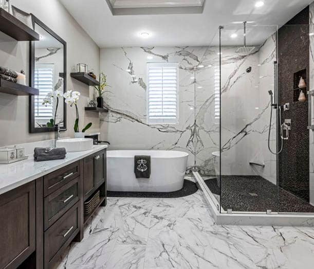 Finished bathroom flooring design in Plano TX showcasing professional tile installation