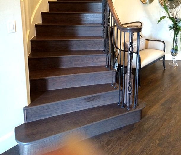 Staircase refinishing and staining in Plano TX with restored wood treads